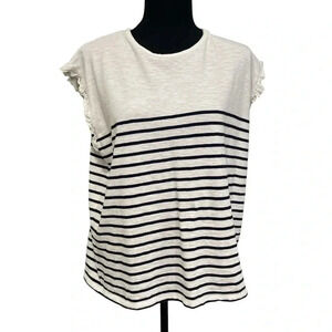 Boden Breton style navy blue & white striped short sleeve shirt size 10